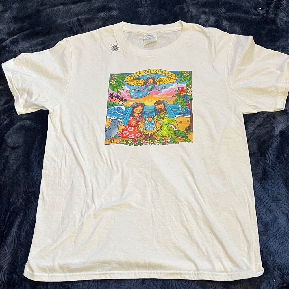 Mele Kalikimaka Nativity Christmas White Graphic T-Shirt (Youth L : 11/12)